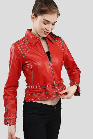 Women's Isabel Red Studded Leather Jacket – lookbook video