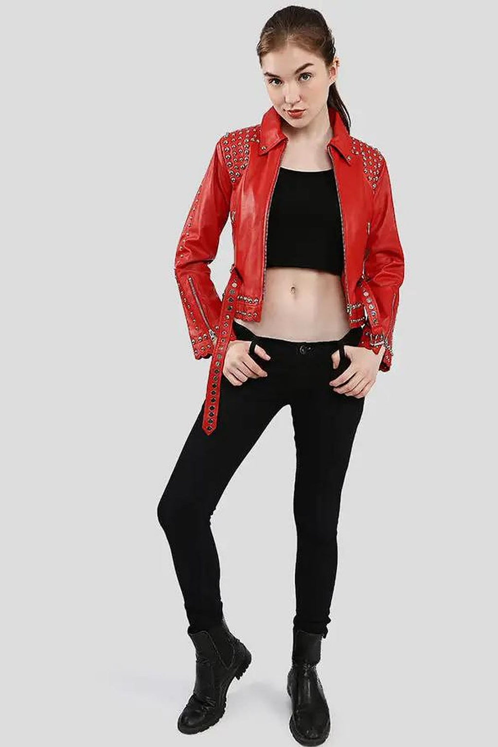 Women's Isabel Red Studded Leather Jacket – lookbook video