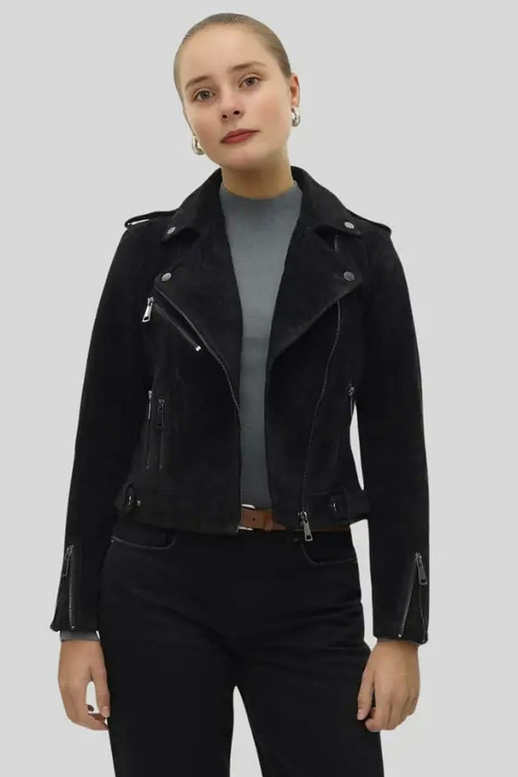 Women's Juniper Black Suede-Style Moto Racer Leather Jacket – lookbook video