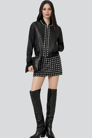 Women's Kateri Black Studded Bomber Leather Jacket With Zip Front – lookbook video