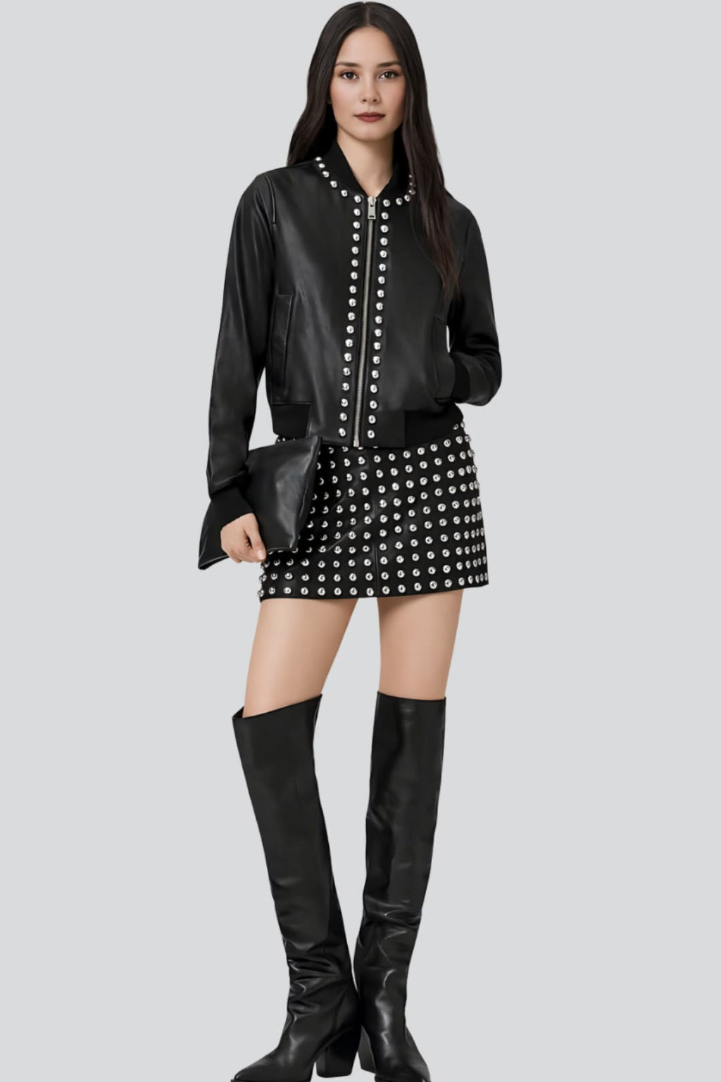Women's Kateri Black Studded Bomber Leather Jacket With Zip Front – lookbook video
