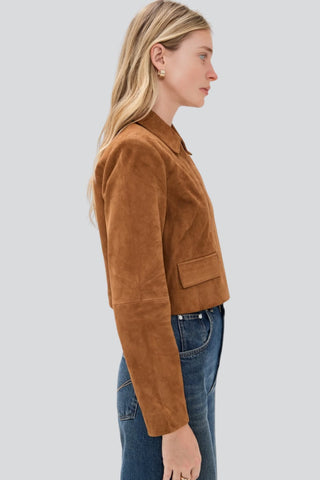 Women's Kelly Cropped Tan Suede-Style Leather Jacket with Flap Pockets – lookbook video