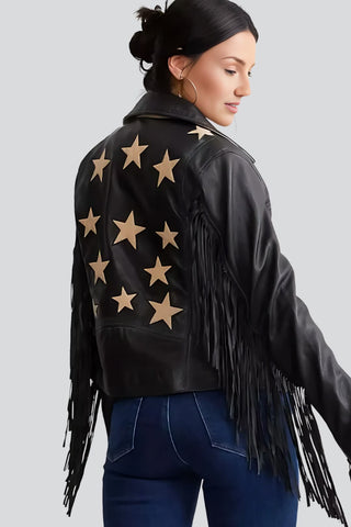 Women's Kerstin Black Fringe Leather Jacket with Star Appliqué Back – lookbook video