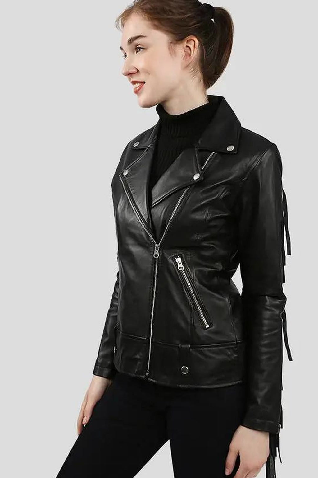 Women's Kiana Black Biker Fringes Leather Jacket – lookbook video