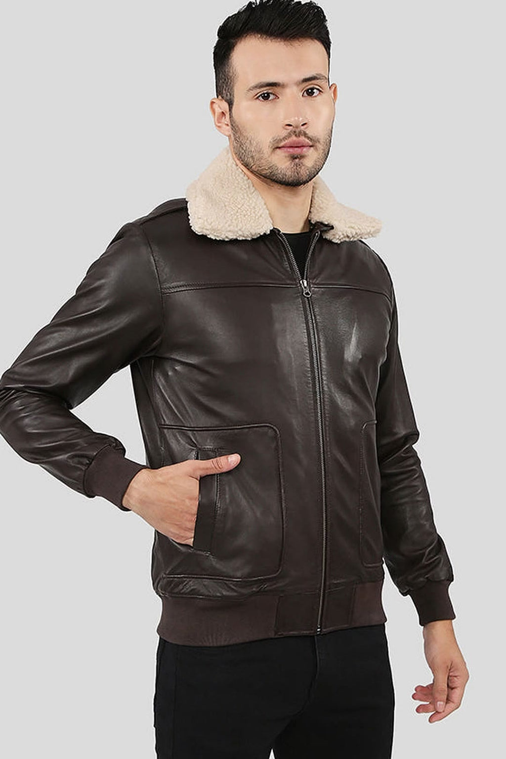 Men's Knox Brown Bomber Leather Jacket with Removable Collar – lookbook video