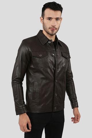 Men's Legend Brown Button-Front Trucker Leather Jacket – lookbook video