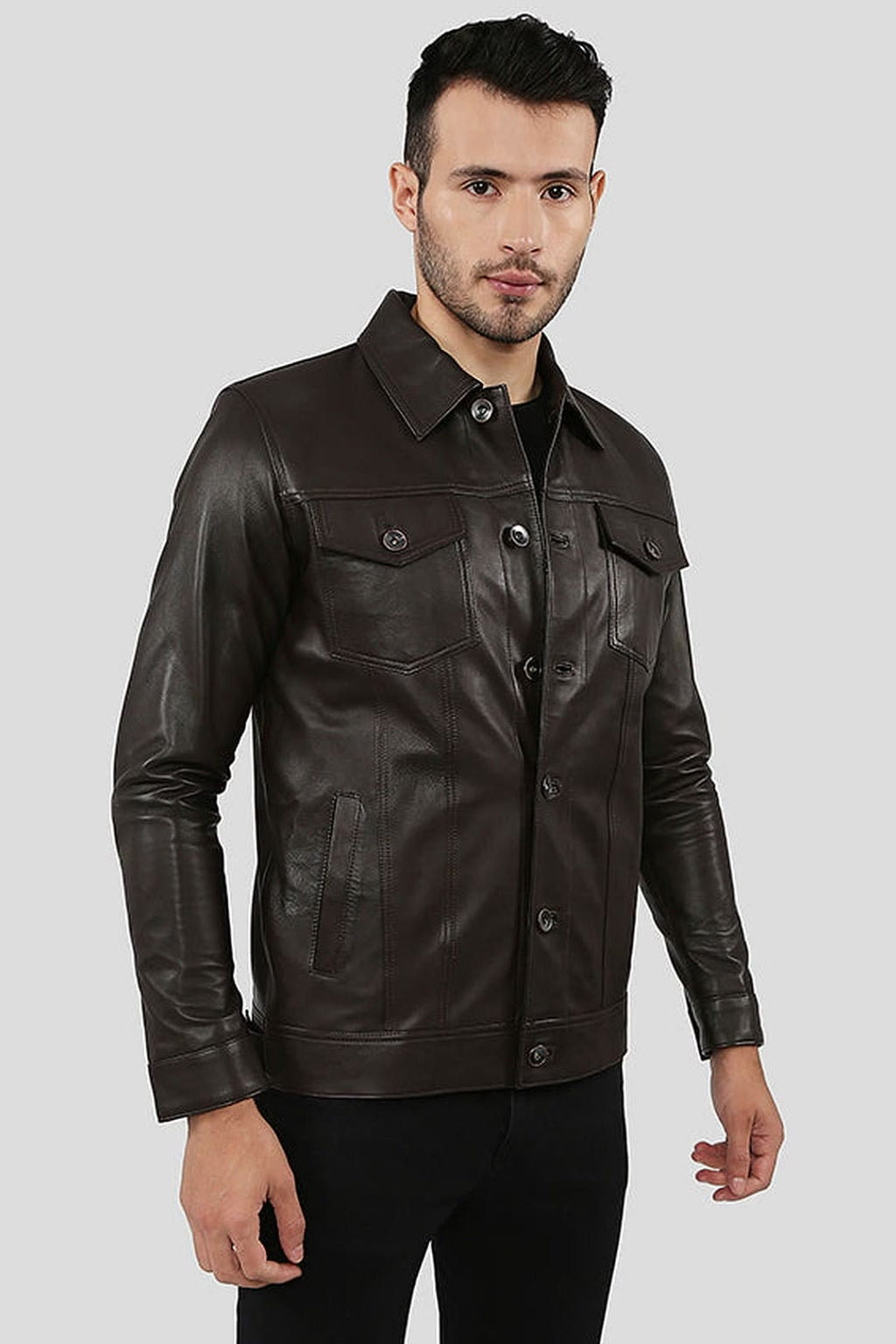Men's Legend Brown Button-Front Trucker Leather Jacket – lookbook video