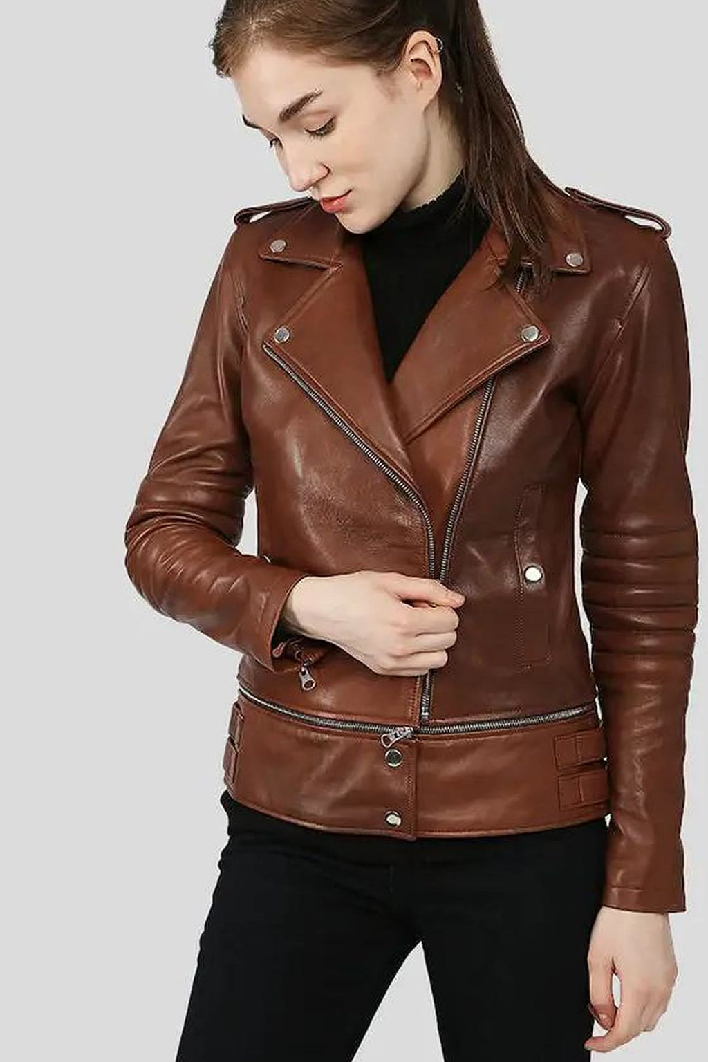 Women's Letitia Brown Moto Leather Jacket – lookbook video