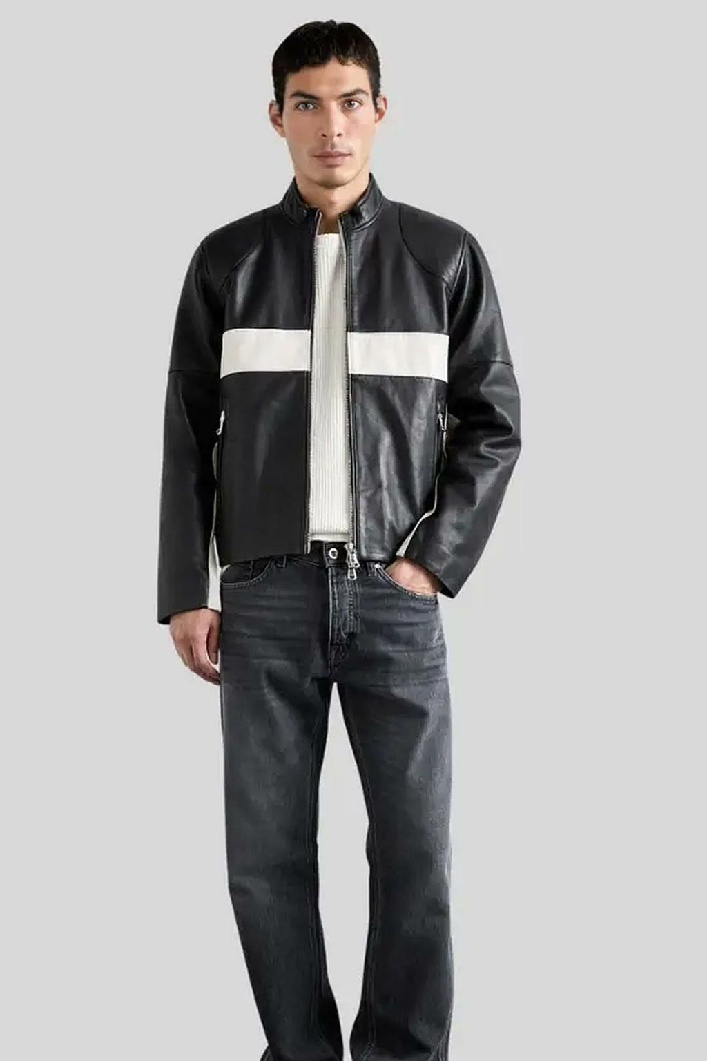 Men's Luca Black and White Contrast Racer Leather Jacket – lookbook video