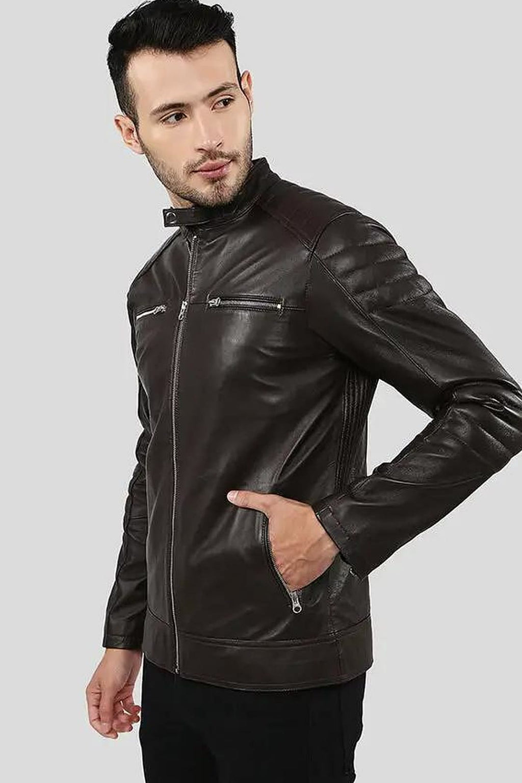 Men's Mason Brown Quilted Racer Leather Jacket – lookbook video