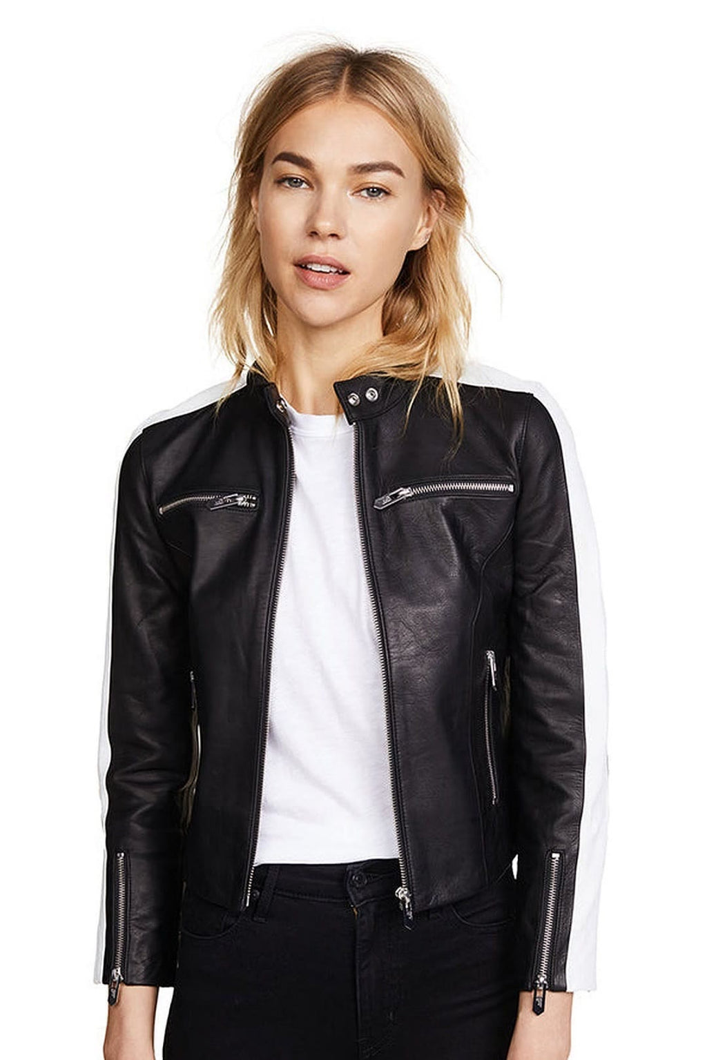 Women's Selda Black and White Racer Leather Jacket – lookbook video