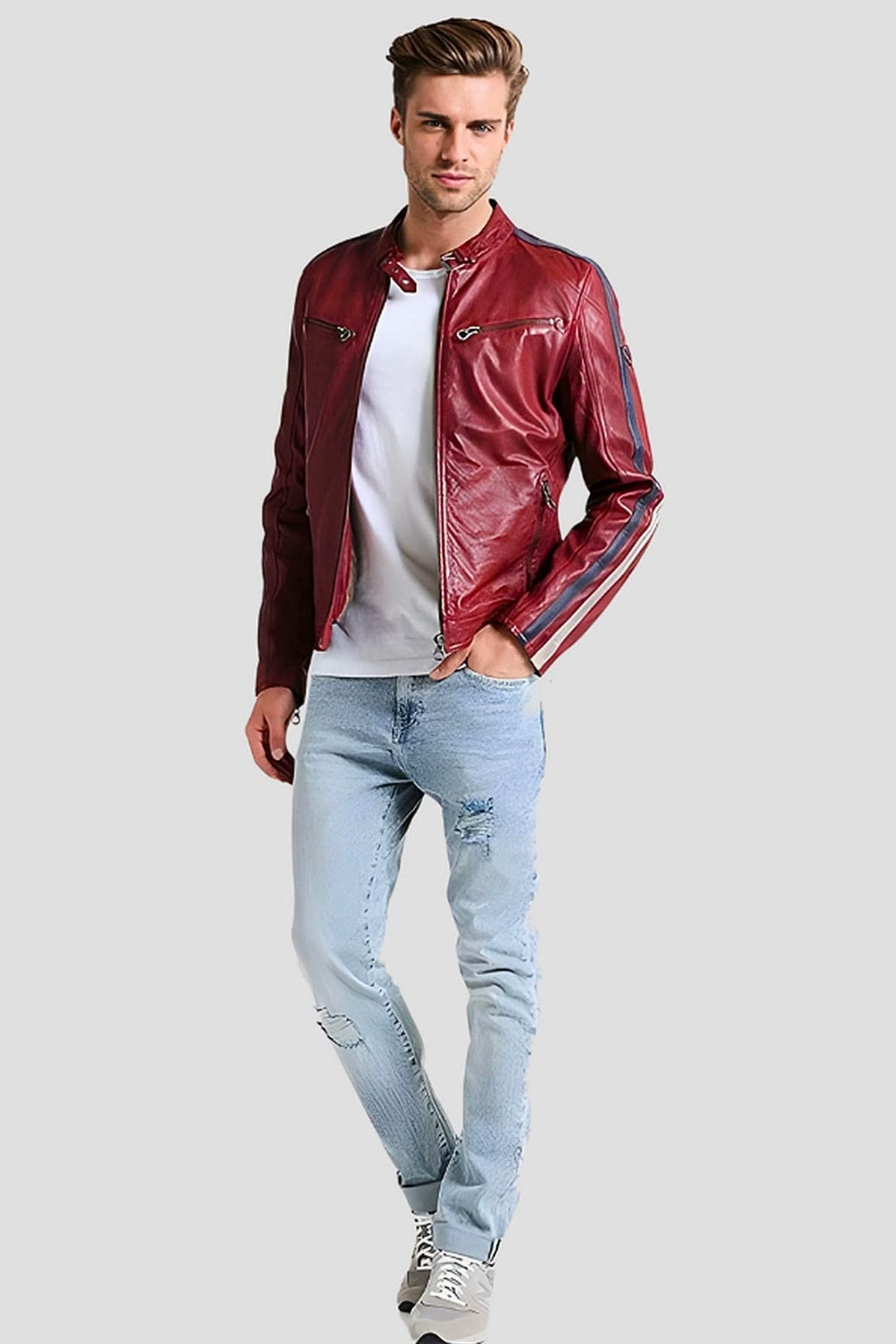 Men's Steven Red Cafe Racer Leather Jacket – lookbook video