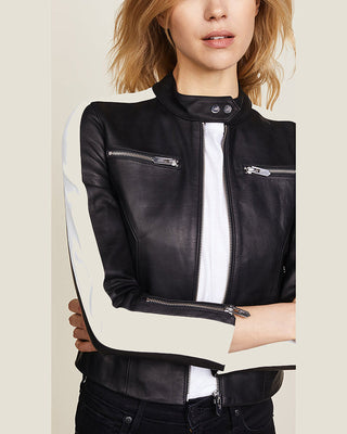 Women's Selda Black & White Racer Leather Jackets – view 4
