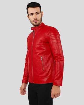 Declan Red Racer Leather Jacket angled view