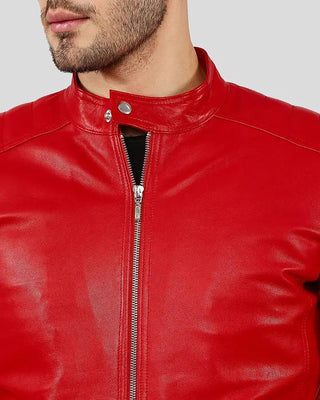 Close-up of Declan Red Racer Leather Jacket collar