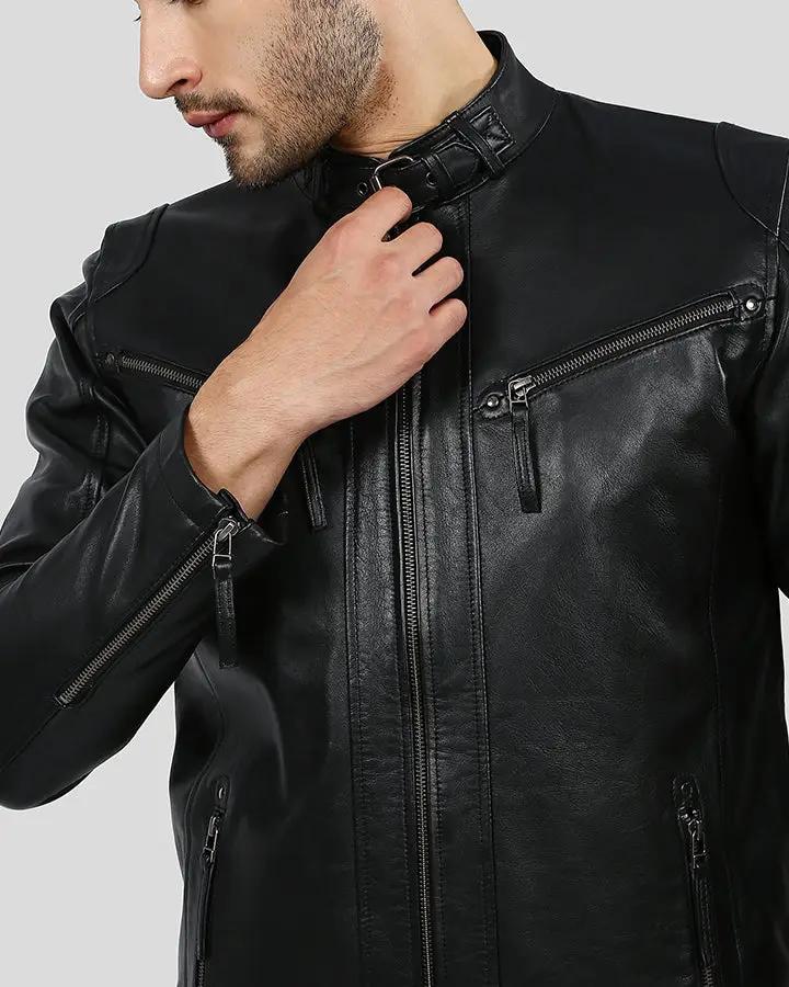 Men Everet Black Racer Leather Jacket, X-Large - Men's Leather Jackets - 100% Real Leather - NYC Leather Jackets