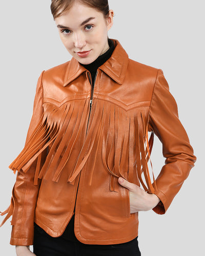 Fleur Tan Biker Fringes Leather Jacket