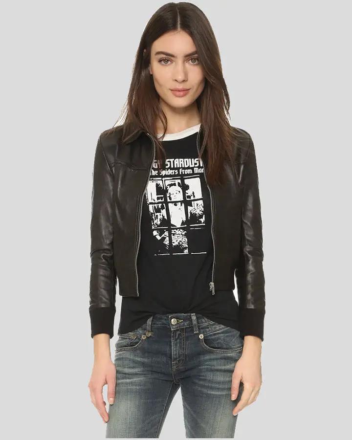 Halle Black Bomber Leather Jacket