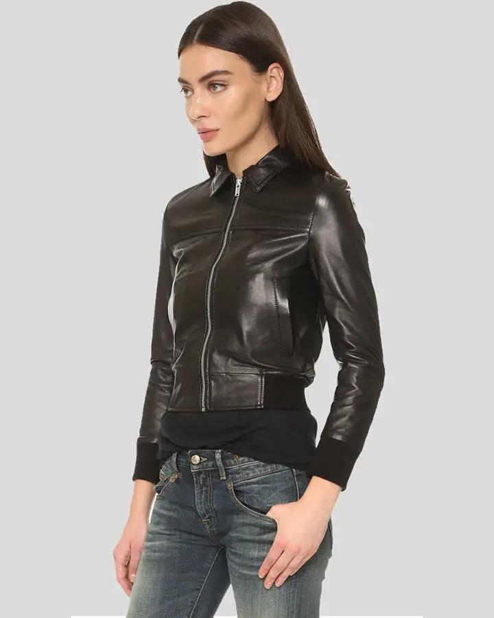Women's Rib Knit Cuffs Bomer Biker Jacket -  Black / Real Leather / S