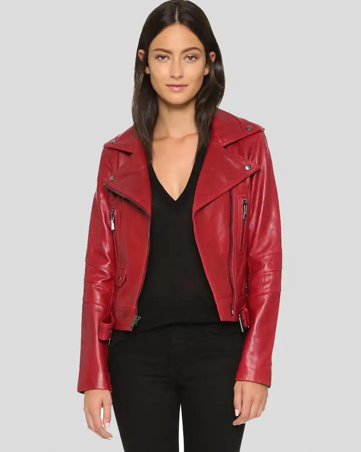 Det squat Økonomisk Women Mavis Red Biker Leather Jacket - NYC Leather Jackets
