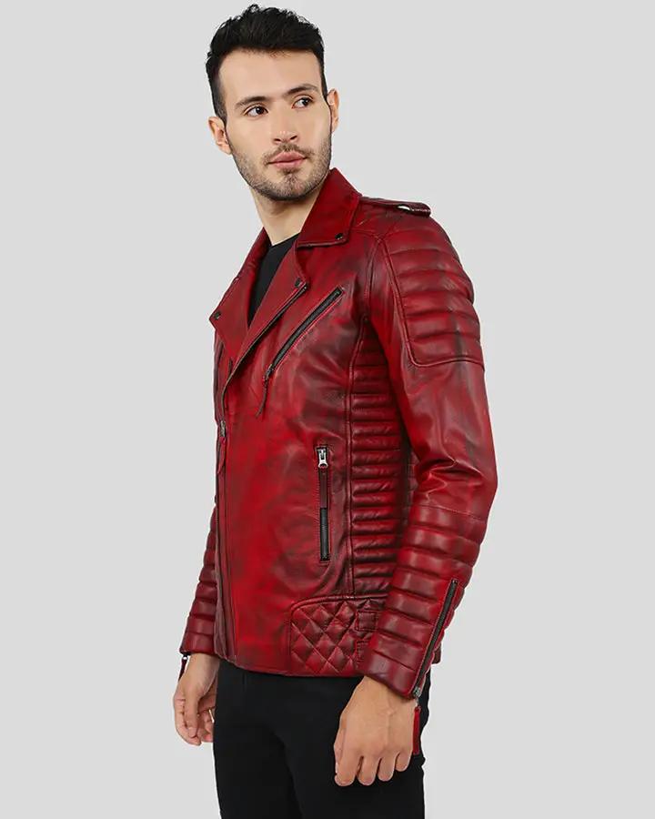 Men Red Genuine Leather Jacket with Black Diamond Quilted