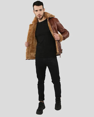 Men's brown leather jacket with fur lining, full view