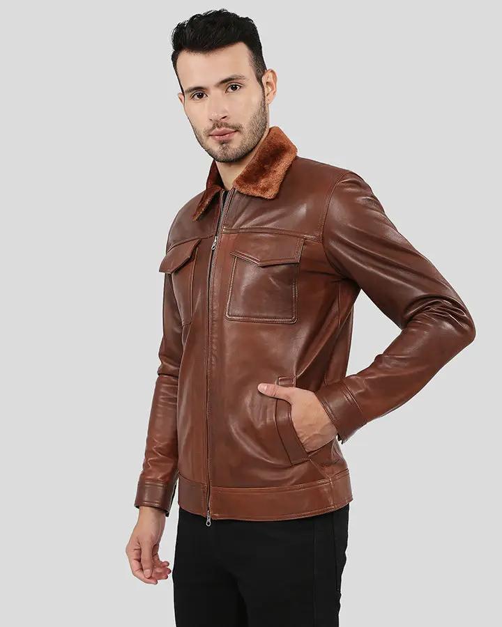 Peyton Brown Racer Leather Jacket with hands in pockets