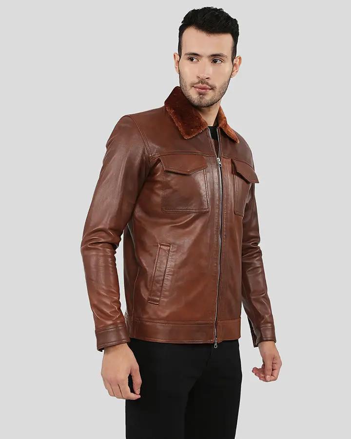 Mens Peyton Brown Racer Leather Jacket with Shirt Style Fur Collar ...