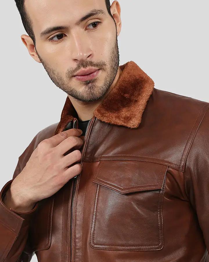 Close-up of fur collar on Peyton Brown Racer Jacket