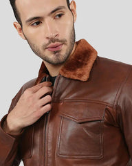 Close-up of fur collar on Peyton Brown Racer Jacket
