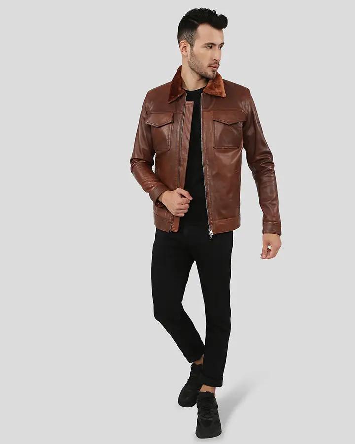 Full body view of Peyton Brown Racer Leather Jacket