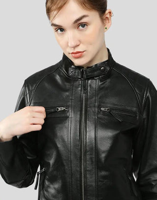 Close-up of Annalise black leather jacket