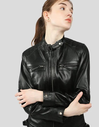 Annalise black leather jacket with snap button collar