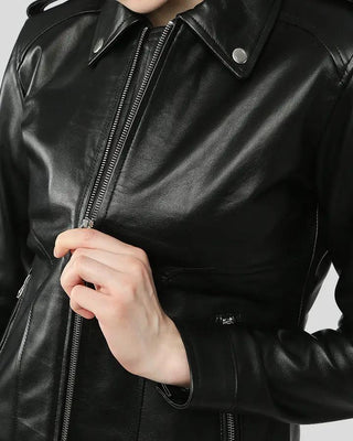 Close-up of Charmaine black leather jacket zipper