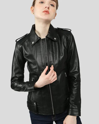 Front view of Charmaine black leather jacket