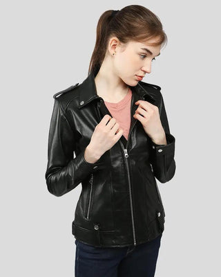 Charmaine black leather jacket with stylish collar