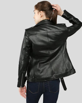 Back view of Larisa black biker leather jacket