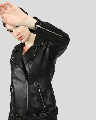 Larisa black biker leather jacket with zipper details