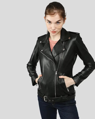 Front view of Larisa black biker leather jacket