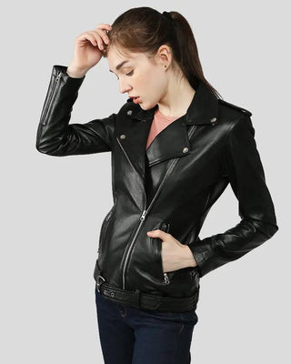 Larisa black biker leather jacket with stylish design