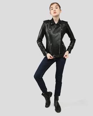 Full body view of Larisa black biker leather jacket