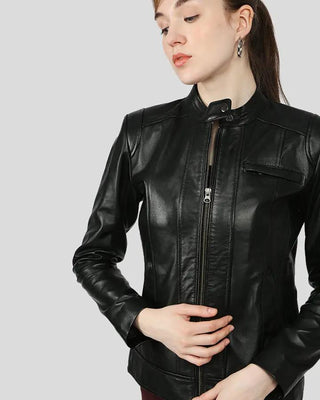 Calista Black Racer Leather Jacket, front view