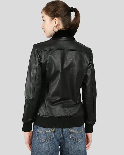Back view of Gemma black bomber leather jacket with fur