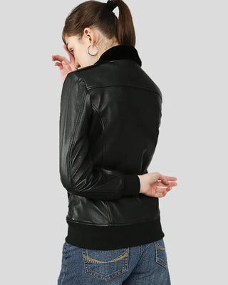 Gemma black bomber leather jacket with fur, back angle