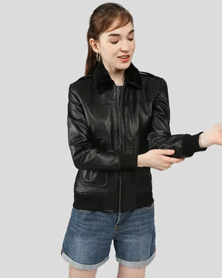 Gemma black bomber leather jacket with fur, adjusting sleeve