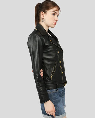 Profile view of Willow Black Biker Leather Jacket