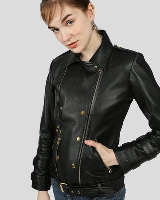 Close-up of Willow Black Biker Leather Jacket