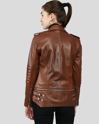 Back view of brown leather jacket with detailed stitching