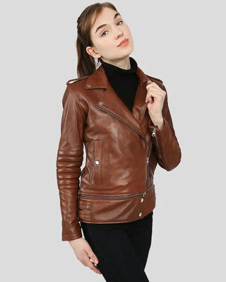 Brown leather jacket with stylish design, front view