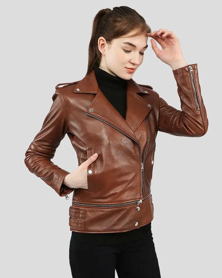 Womens Letitia Brown Biker Leather Jacket with Adjustable Length
